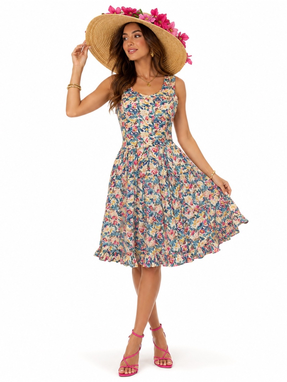 Nostalgia Floral Tiered Dress Womens SZ L Coastal Cottage Prairie Farmhouse Chic